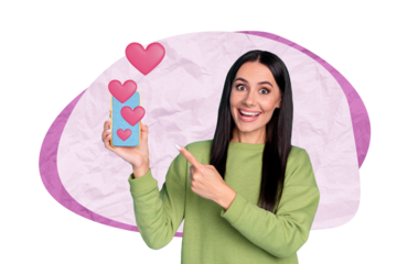 3d retro creative collage artwork template of smiling funny lady pointing modern device 14 february isolated painting background