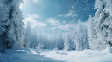 Christmas background. Xmas tree with snow decorated with garland lights, holiday festive background, Sunset in the wood in winter perio, Generative Ai