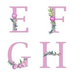 Hand drawn alphabet. Capital letters design E F G H with watercolor elements. Dusty roses, soft light blush peony, pink flowers and eucalyptus leaves. Monogram. Ideal for kids shower