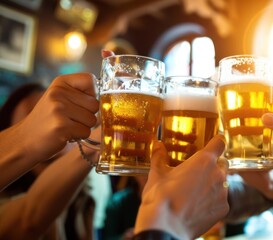 Group of Friends Celebrating With Glasses of Beer at a Restaurant Generative AI