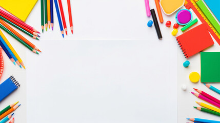 School supplies background top view with copy text space - ai generative