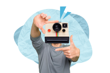 Photo artwork minimal collage picture of funny guy vintage camera instead of head isolated drawing background