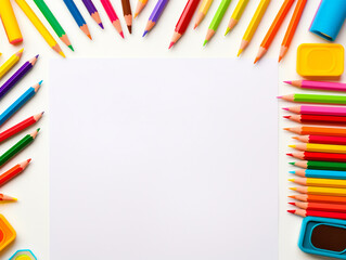 School supplies background top view with copy text space - ai generative