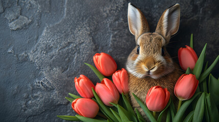 Fototapeta na wymiar Rabbit Sitting Next to a Bunch of Red Tulips