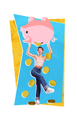 Vertical collage picture of positive girl arms hold big money pig bank shake falling coins isolated on painted background