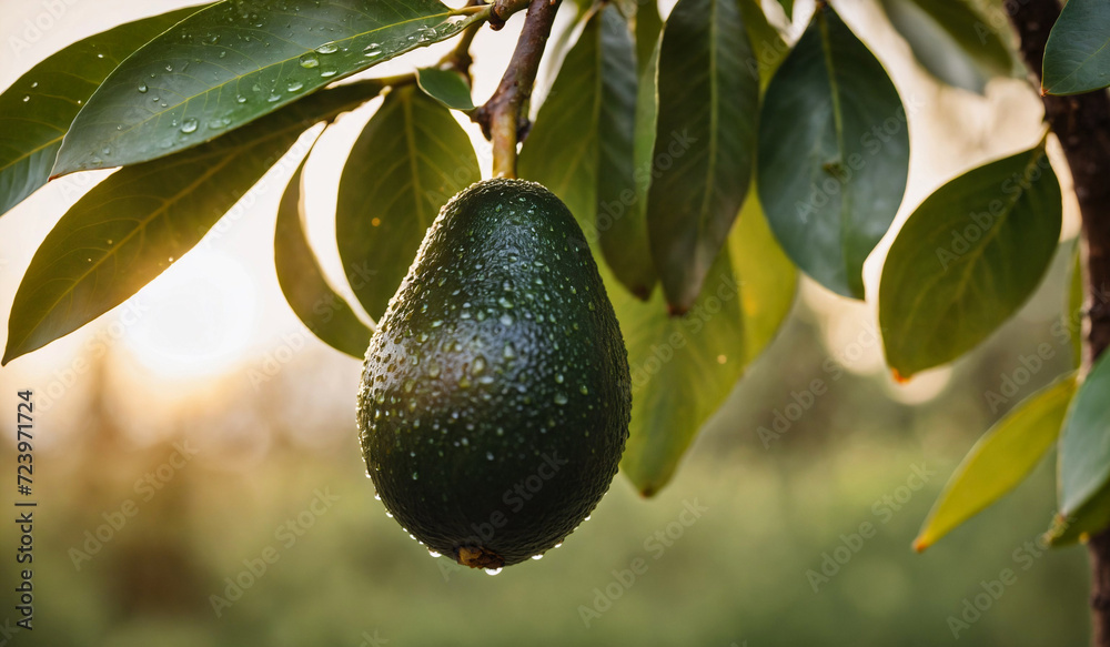 Wall mural one ripe avocado on a tree before harvest at sunset, water drops - Wall murals