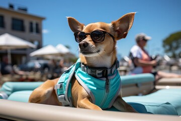 A thoroughbred dog in close-up wearing sunglasses stands on the bow of a yacht sailing on the sea in summer