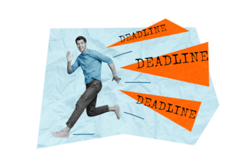Template collage deadline concept funny office worker guy first month schedule no time much tasks running away isolated on blue background