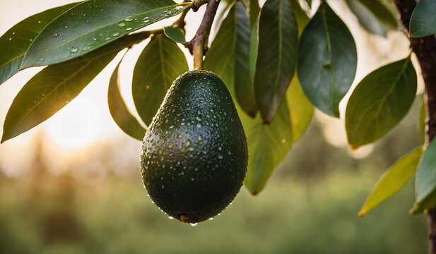 one ripe avocado on a tree before harvest at sunset, water drops