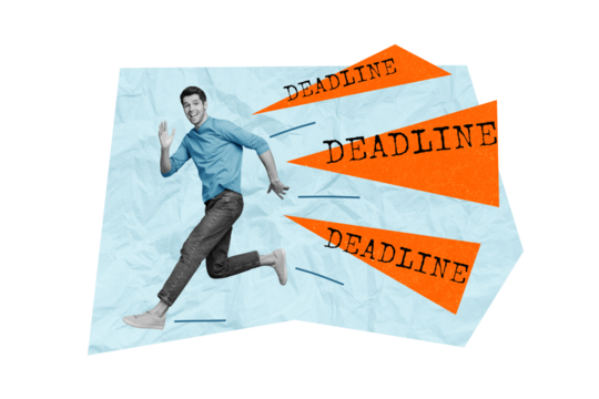Template collage deadline concept funny office worker guy first month schedule no time much tasks running away isolated on blue background