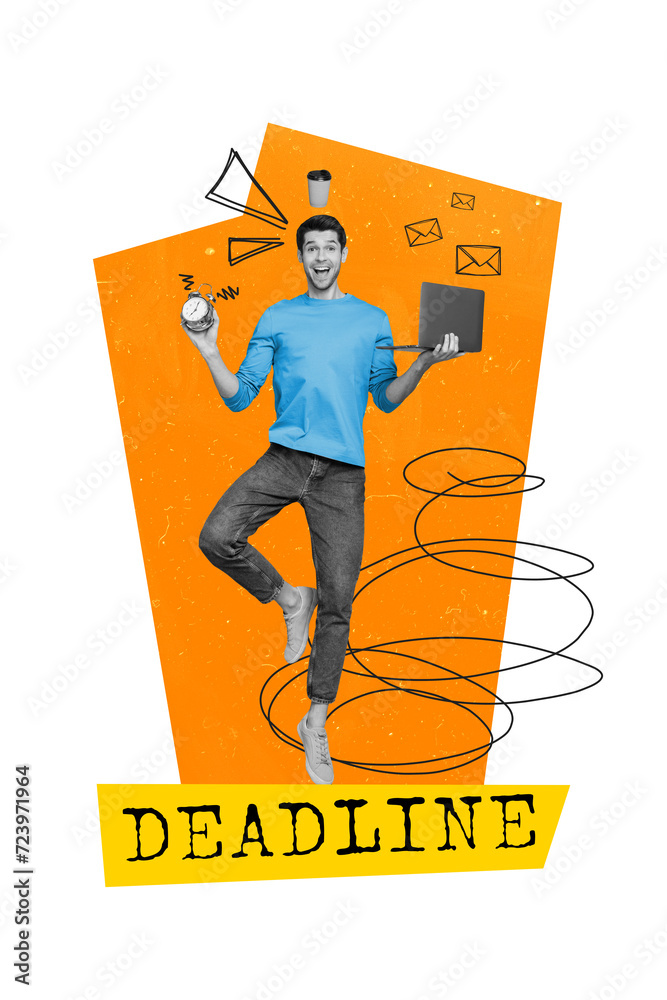 Poster composite collage of young office manager working guy deadline timer schedule planning his job hold 