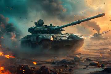 Military tanks, war and destruction concept - obrazy, fototapety, plakaty