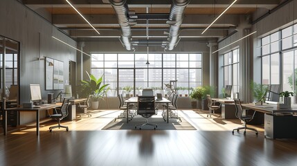 Open plan office featuring wood accents, abundant greenery, natural light, and expansive views of the cityscape.