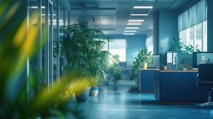 A corridor in a modern office is transformed by lush indoor plants and the diffused light of a typical workday morning. - obrazy, fototapety, plakaty