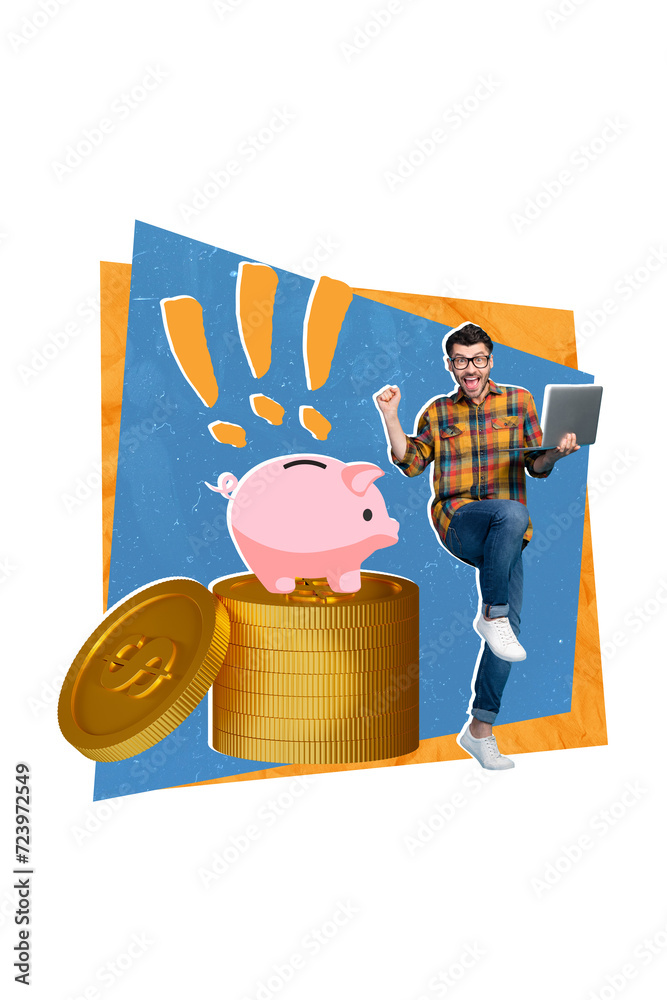 Poster vertical collage picture of delighted overjoyed guy use netbook raise fist big pile stack money coin