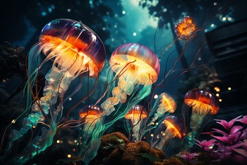 Obraz na płótnie Canvas a flock of colorful jellyfish under water, in the dark, glow in different colors