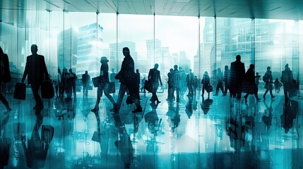 Busy corporate environment captured through the silhouettes of professionals commuting inside a modern office building corridor.