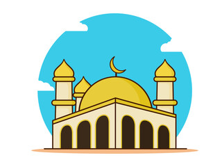 Golden Mosque Vector Icon Illustration. Moslem Building Icon Concept Isolated Premium Vector. Flat Cartoon Style