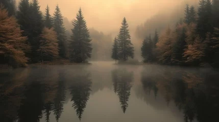Papier Peint photo Lavable Forêt dans le brouillard Calm misty lake surrounded by foggy forest. AI