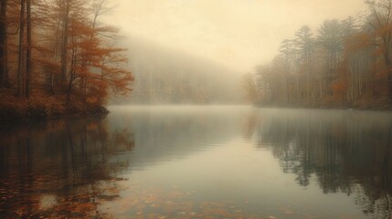 Calm misty lake surrounded by foggy forest. AI