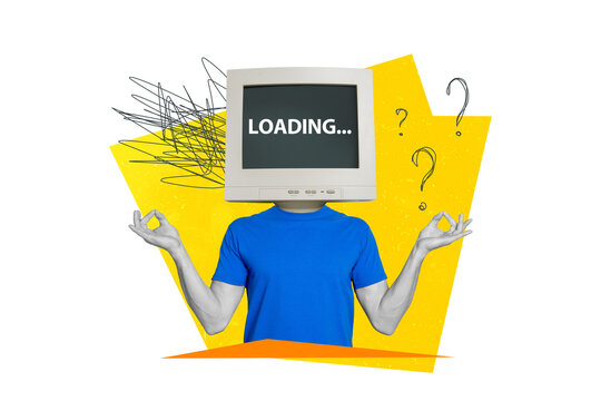 Creative photo collage of headless man monitor instead of head searching information in network om gesture isolated painted background - Powered by Adobe