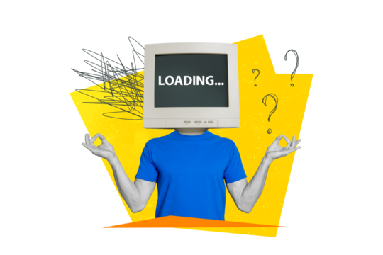 Creative photo collage of headless man monitor instead of head searching information in network om gesture isolated painted background