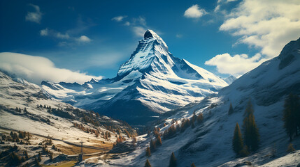 Panorama mountain autumn landscape,  view to the majestic Matterhorn mountain, Valais, Switzerland, Generative Ai - obrazy, fototapety, plakaty