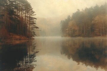 Fototapeta na wymiar A serene misty forest and lake in gentle sepia tones, creating a tranquil haven exuding solitude. 