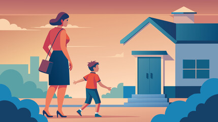 Mother and child walking towards home at sunset, family concept illustration