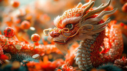 Red and gold Chinese dragon. New Year's Holiday in China.