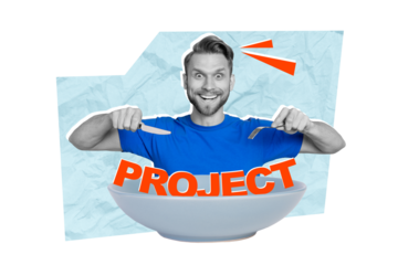 Creative 3d photo collage illustration of crazy ecstatic impressed funny man get another project in work isolated drawing background