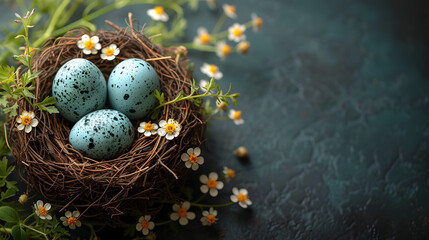 A Birds Nest Filled With Blue Eggs and Daisies