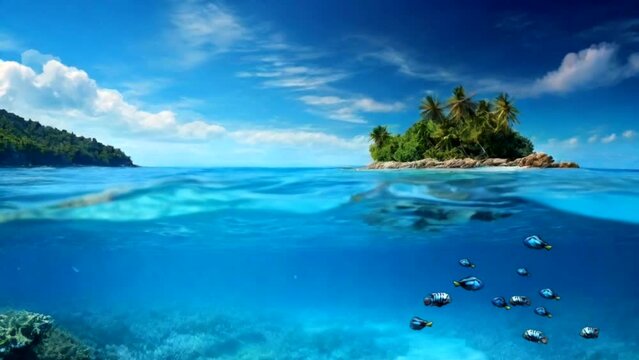 4k landscape animation of blue sea views and swimming fish