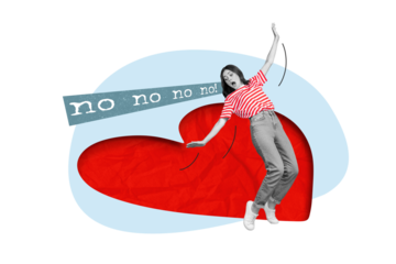 Collage artwork graphics picture of funny lady deny falling in love celebrating 14 february isolated painting background