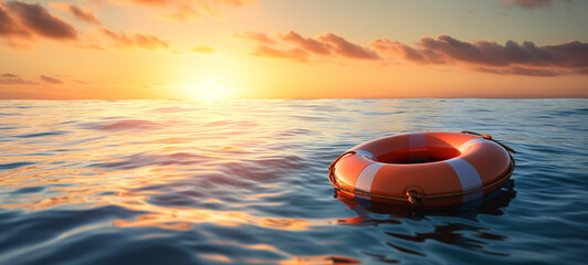 lifebuoy on the sea waves. Rescue and safety concept - obrazy, fototapety, plakaty