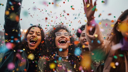 Group of Students Celebrating Together Under Confetti Generative AI