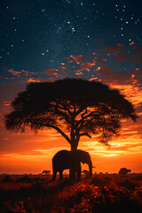 Silhouette of large acacia tree in the savanna plains with elephant. African sunset or sunrise. Wild nature, Kenya panoramic view. Black history month concept. World rhino day. Animal protection - obrazy, fototapety, plakaty