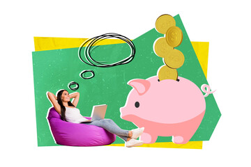 Creative collage of thoughtful business lady sitting beanbag collect money from trading emoney bitcoin piggy bank isolated on green background