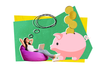 Creative collage of thoughtful business lady sitting beanbag collect money from trading emoney bitcoin piggy bank isolated on green background