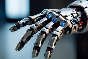 Futuristic humanoid robot extends its finger with precision