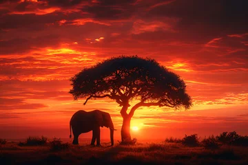 Draagtas Silhouette of large acacia tree in the savanna plains with elephant. African sunset or sunrise. Wild nature, Kenya panoramic view. Black history month concept. World rhino day. Animal protection © ratatosk
