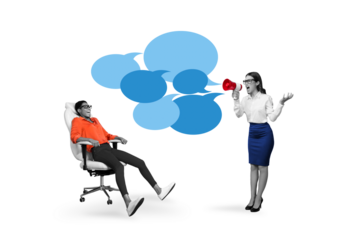 Picture creative poster collage of angry aggressive boss chief business lady proclaim megaphone threat employee isolated on white background