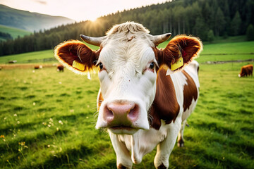Fototapeta na wymiar Joyful cow grazes in a green meadow mouth open in satisfaction