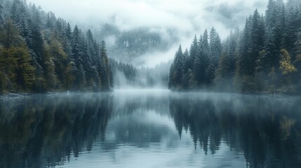 Foggy lake in morning misty forest. Desaturated colours. AI