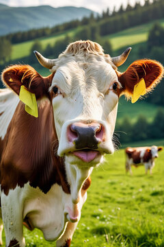 Joyful cow grazes in a green meadow mouth open in satisfaction