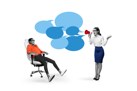 Picture creative poster collage of angry aggressive boss chief business lady proclaim megaphone threat employee isolated on white background - Powered by Adobe