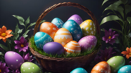 Basket of Colorful Easter Eggs in Spring Grass