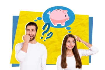 Collage photo of two young funny people family confused problems with debt no money questioned savings isolated on yellow color background