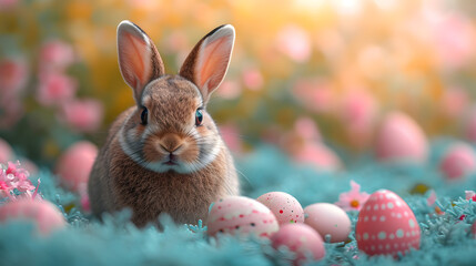 Fototapeta na wymiar Rabbit Amidst Field of Eggs
