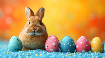Fototapeta na wymiar Rabbit Sitting Next to a Row of Painted Eggs